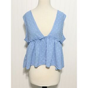 Women’s Ruffle Sleeveless V Neck Mini Baby Doll Crop Tank Top Light Blue Size XL